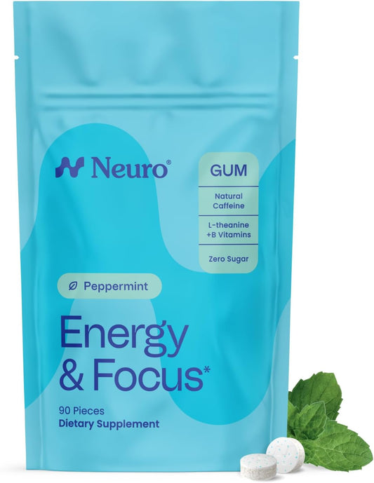 Neuro Energy- Goma de mascar de cafeína natural de 40mg y suplemento energético nootrópico con L-teanina y vitaminas B, sin azúcar, vegano, menta, 90 unidades